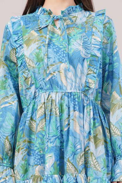 Tropical Blue Cotton Kaftan – Leafy Print with Bow Tie Neck & Tiered Skirt