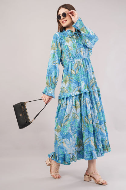 Tropical Blue Cotton Kaftan – Leafy Print with Bow Tie Neck & Tiered Skirt