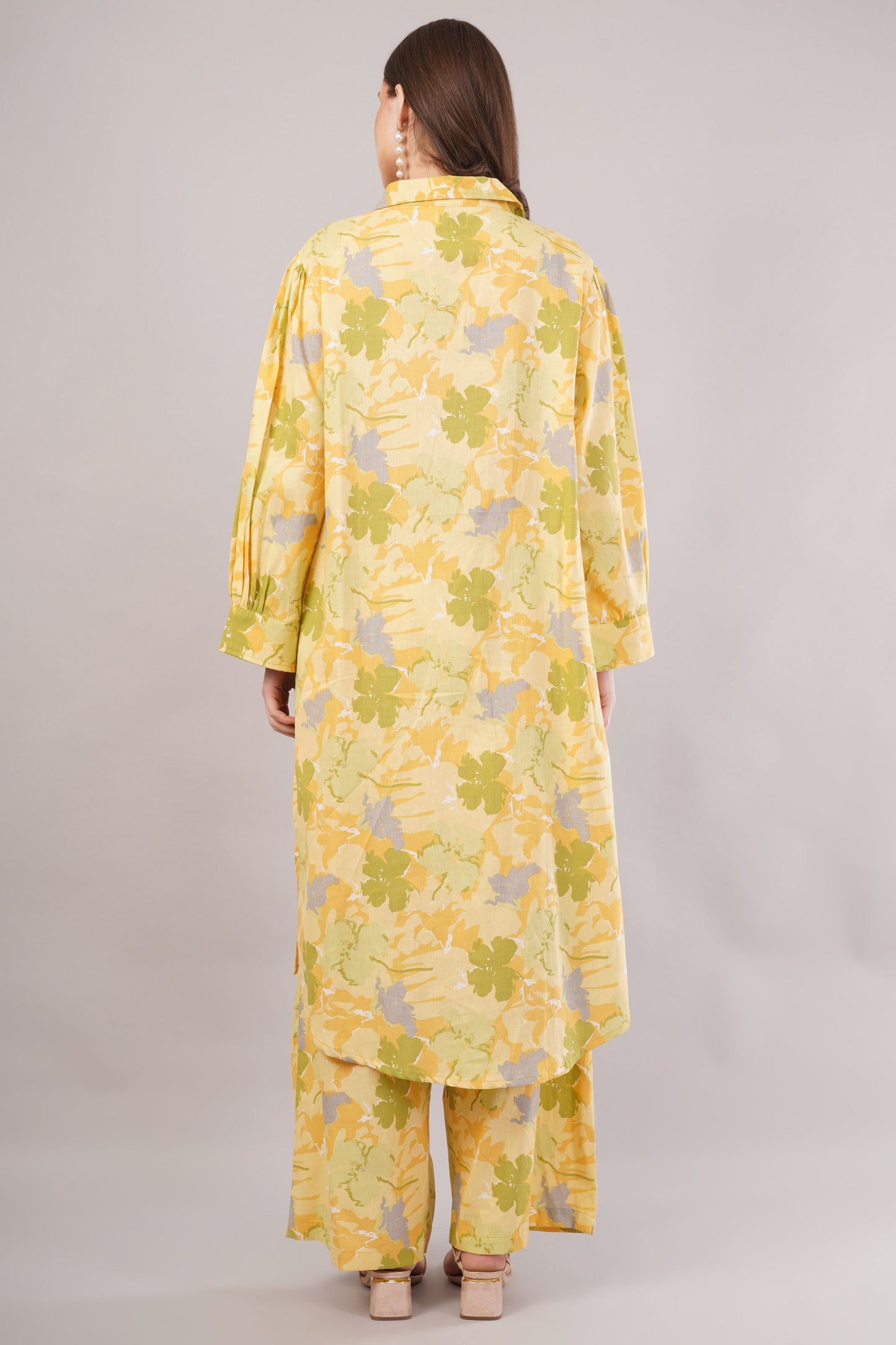 Women Floral Yellow Cotton Co-ord Set Dress – Button-Down Shirt & Wide-Leg Pants