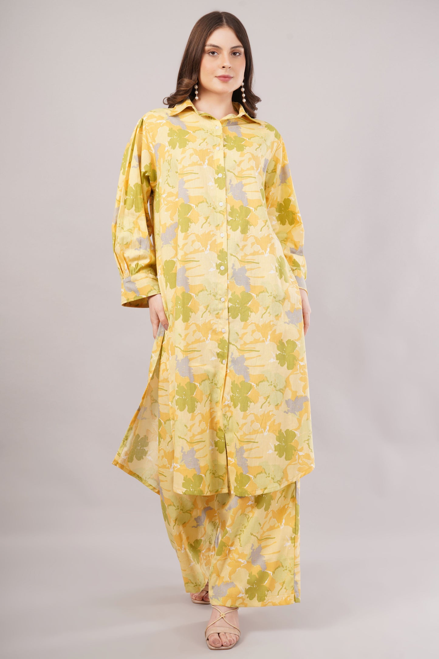 Yellow Floral Print Co-Ord Set for Women | Shirt Top & Wide Leg Pants