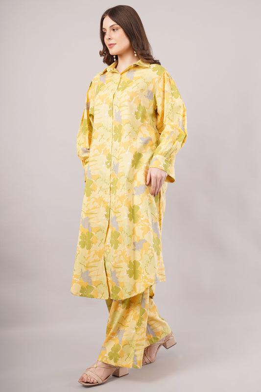 Women Floral Yellow Cotton Co-ord Set Dress – Button-Down Shirt & Wide-Leg Pants