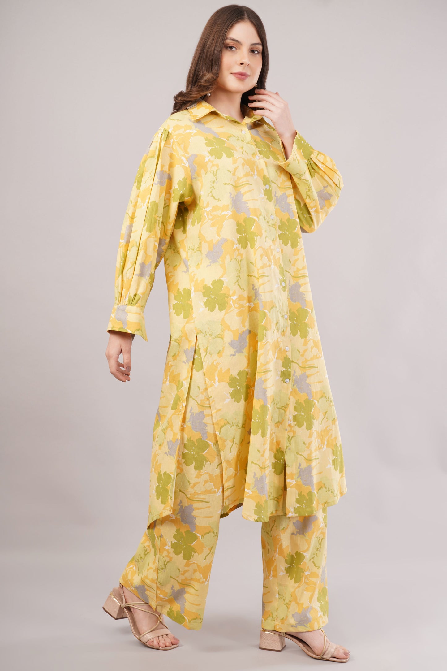 Yellow Floral Print Co-Ord Set for Women | Shirt Top & Wide Leg Pants