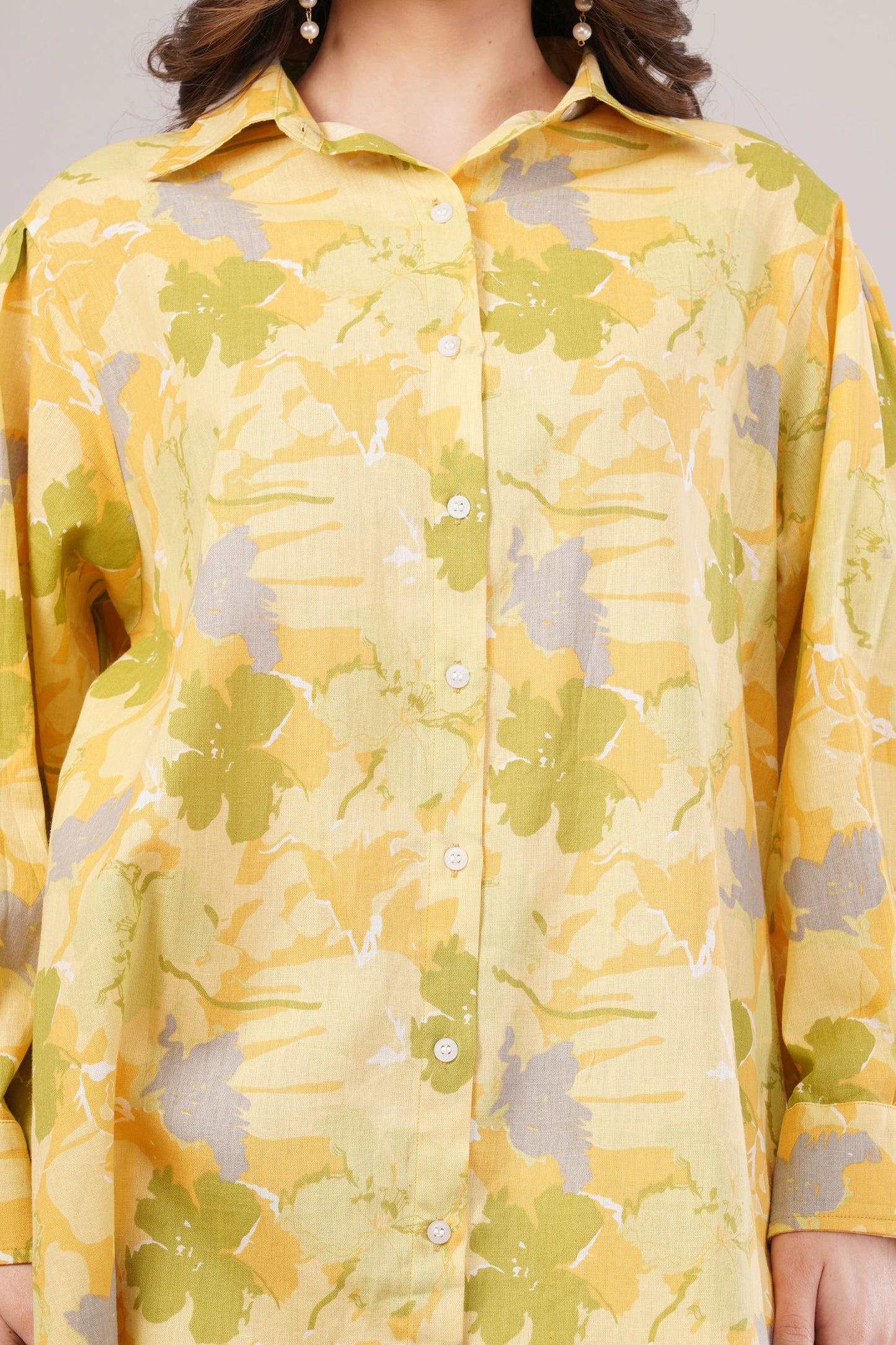 Women Floral Yellow Cotton Co-ord Set Dress – Button-Down Shirt & Wide-Leg Pants