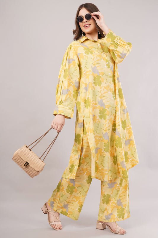 Yellow Floral Print Co-Ord Set for Women | Shirt Top & Wide Leg Pants