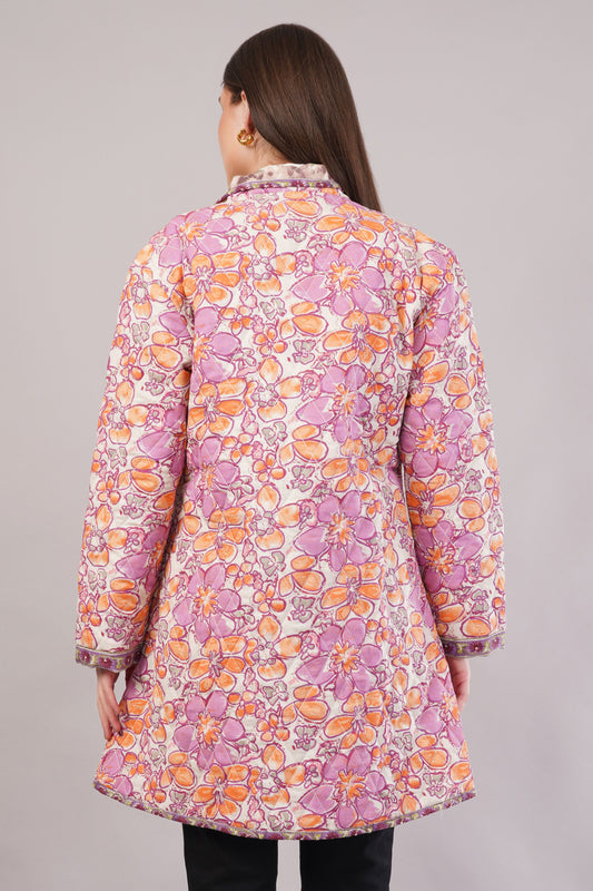 Reversible Floral Quilted Cotton Jacket – Vibrant Blooms with Contrast Pocket & Collar
