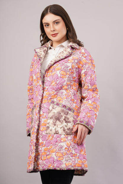 Reversible Floral Quilted Cotton Jacket – Vibrant Blooms with Contrast Pocket & Collar