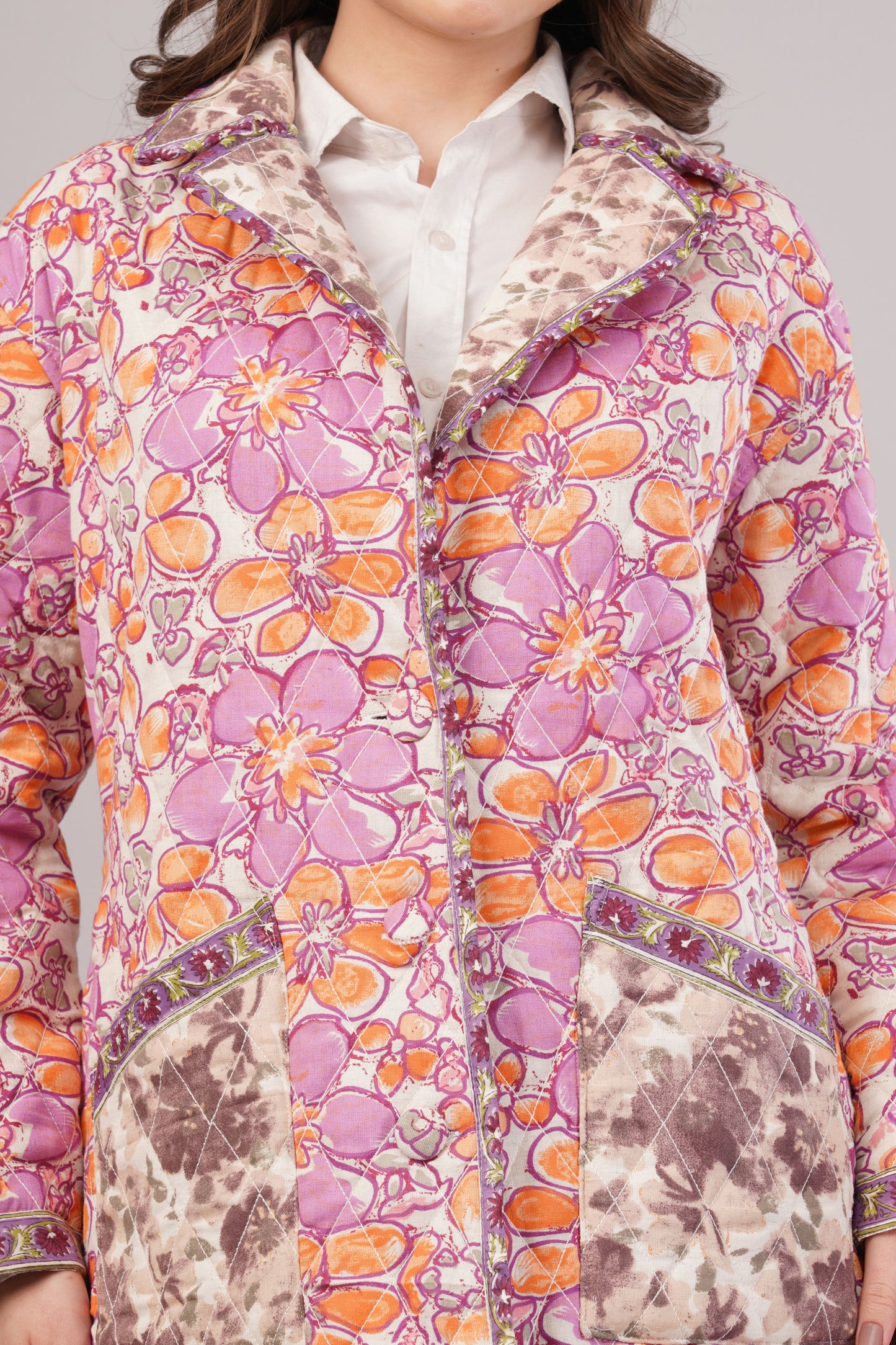 Reversible Floral Quilted Cotton Jacket – Vibrant Blooms with Contrast Pocket & Collar