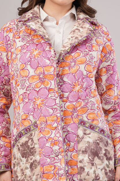 Reversible Floral Quilted Cotton Jacket – Vibrant Blooms with Contrast Pocket & Collar