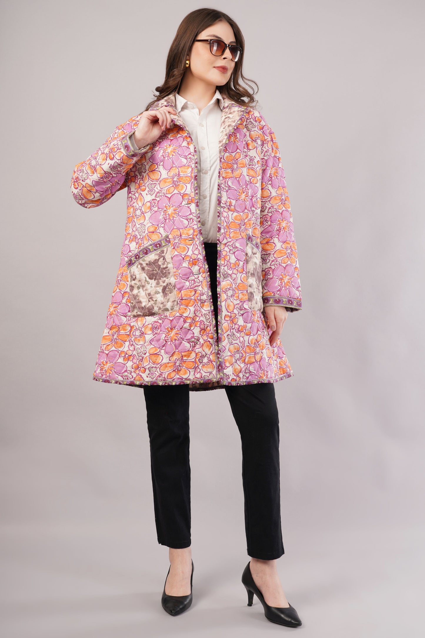Reversible Floral Quilted Cotton Jacket – Vibrant Blooms with Contrast Pocket & Collar