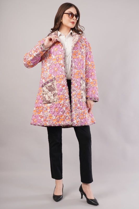 Reversible Floral Quilted Cotton Jacket – Vibrant Blooms with Contrast Pocket & Collar