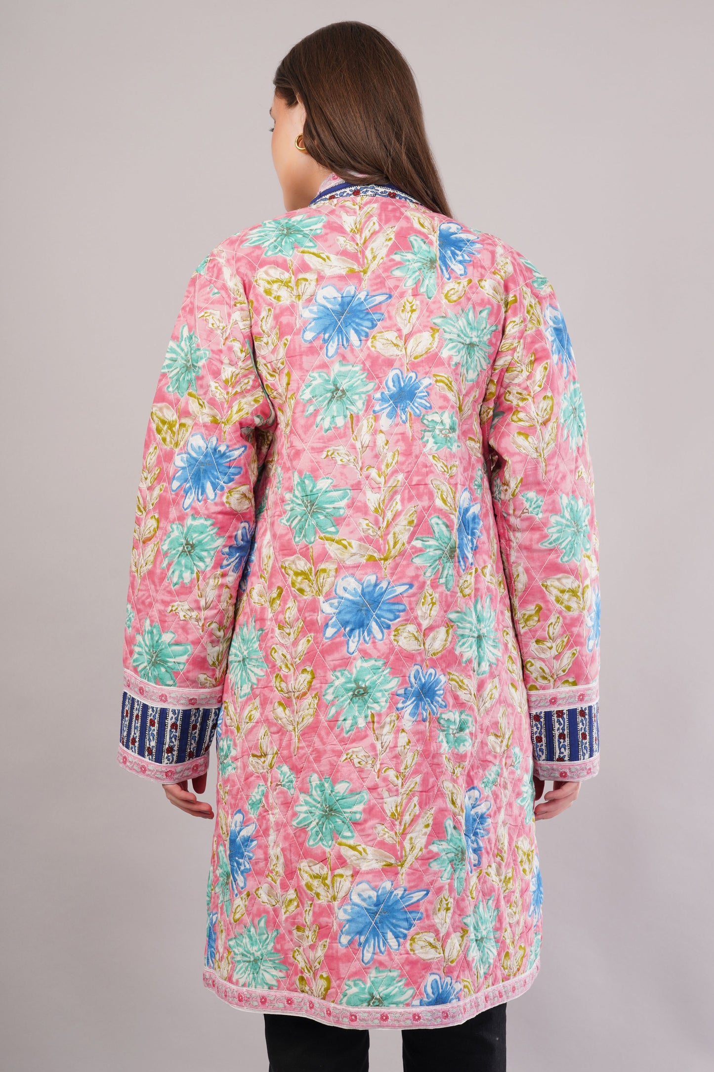 Reversible Quilted Cotton Coat – Pink Floral & White Botanical  Artisan Statement Outerwear