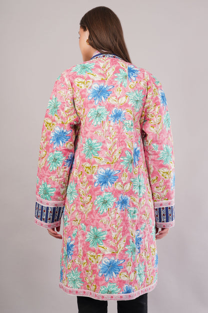 Reversible Quilted Cotton Coat – Pink Floral & White Botanical  Artisan Statement Outerwear