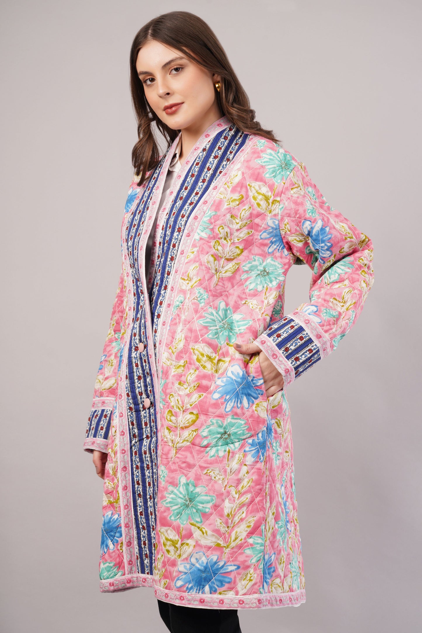 Reversible Quilted Cotton Coat – Pink Floral & White Botanical  Artisan Statement Outerwear