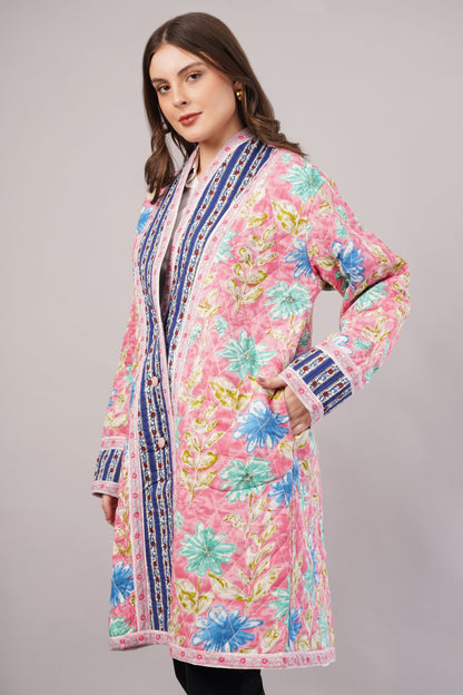 Reversible Quilted Cotton Coat – Pink Floral & White Botanical  Artisan Statement Outerwear
