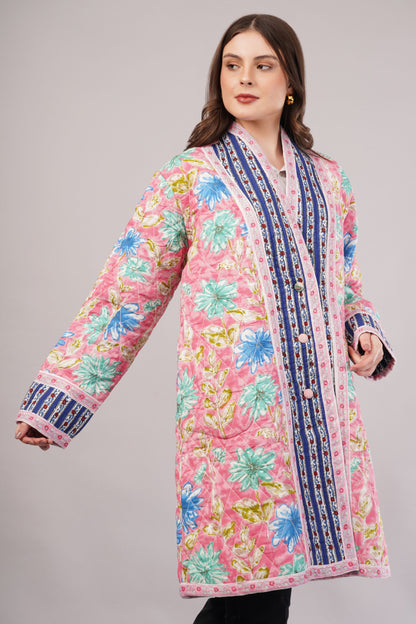 Reversible Quilted Cotton Coat – Pink Floral & White Botanical  Artisan Statement Outerwear