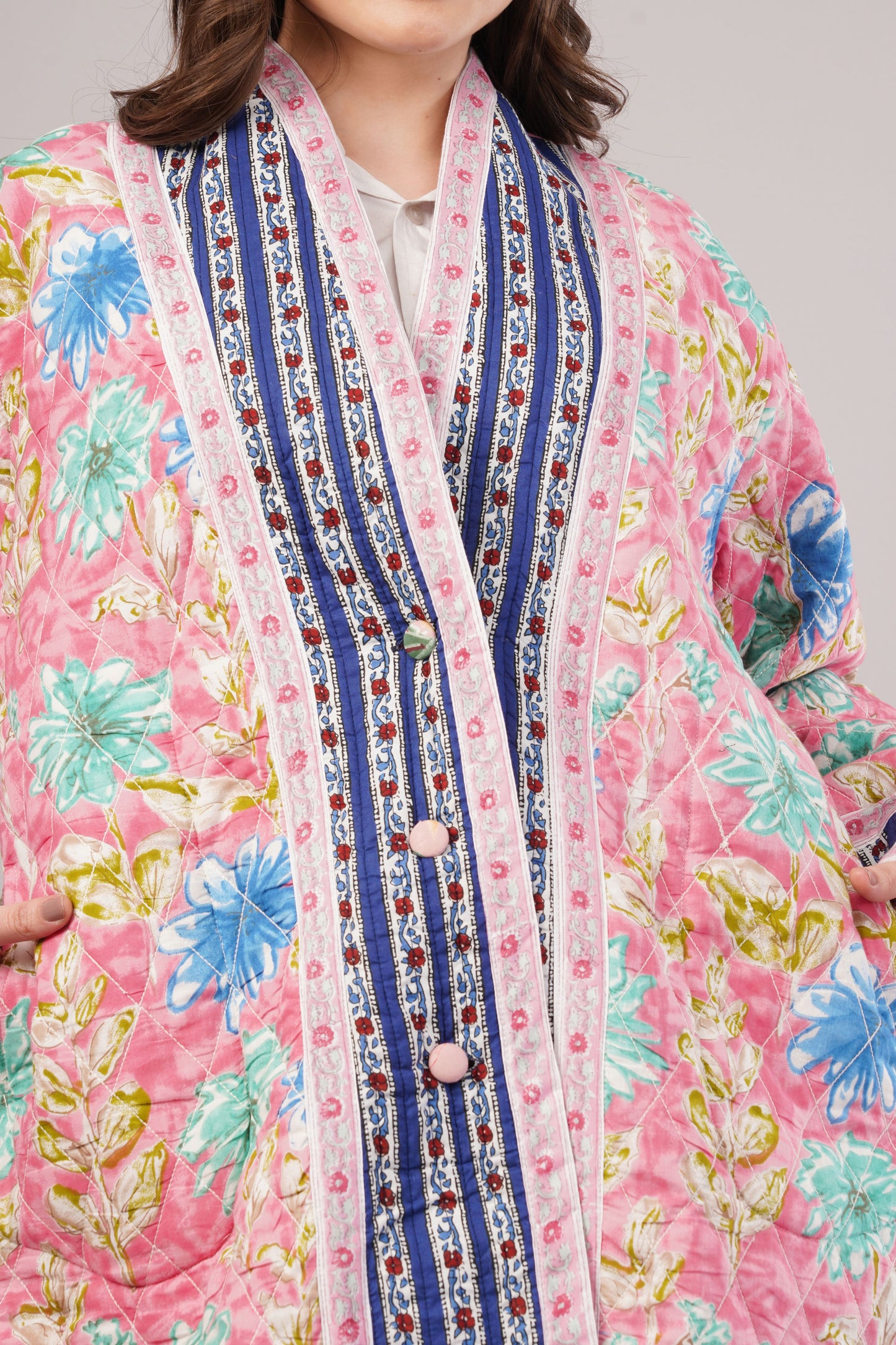 Reversible Quilted Cotton Coat – Pink Floral & White Botanical  Artisan Statement Outerwear