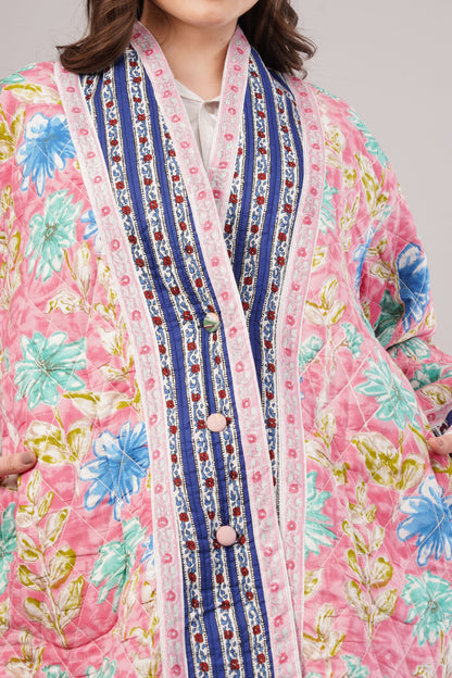 Reversible Quilted Cotton Coat – Pink Floral & White Botanical  Artisan Statement Outerwear