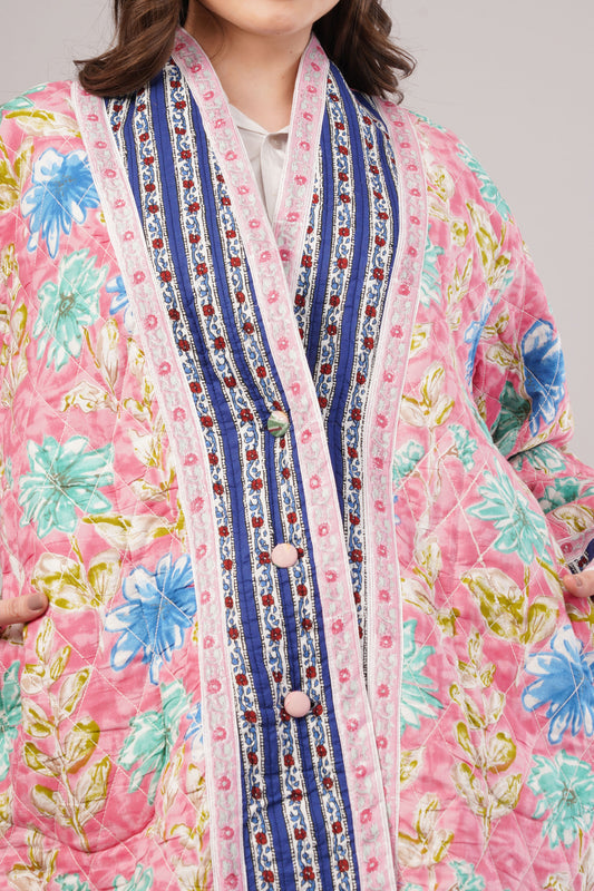Reversible Quilted Cotton Coat – Pink Floral & White Botanical  Artisan Statement Outerwear