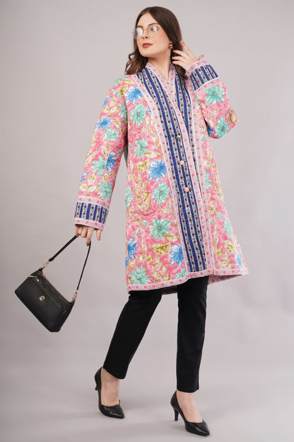 Reversible Quilted Cotton Coat – Pink Floral & White Botanical  Artisan Statement Outerwear