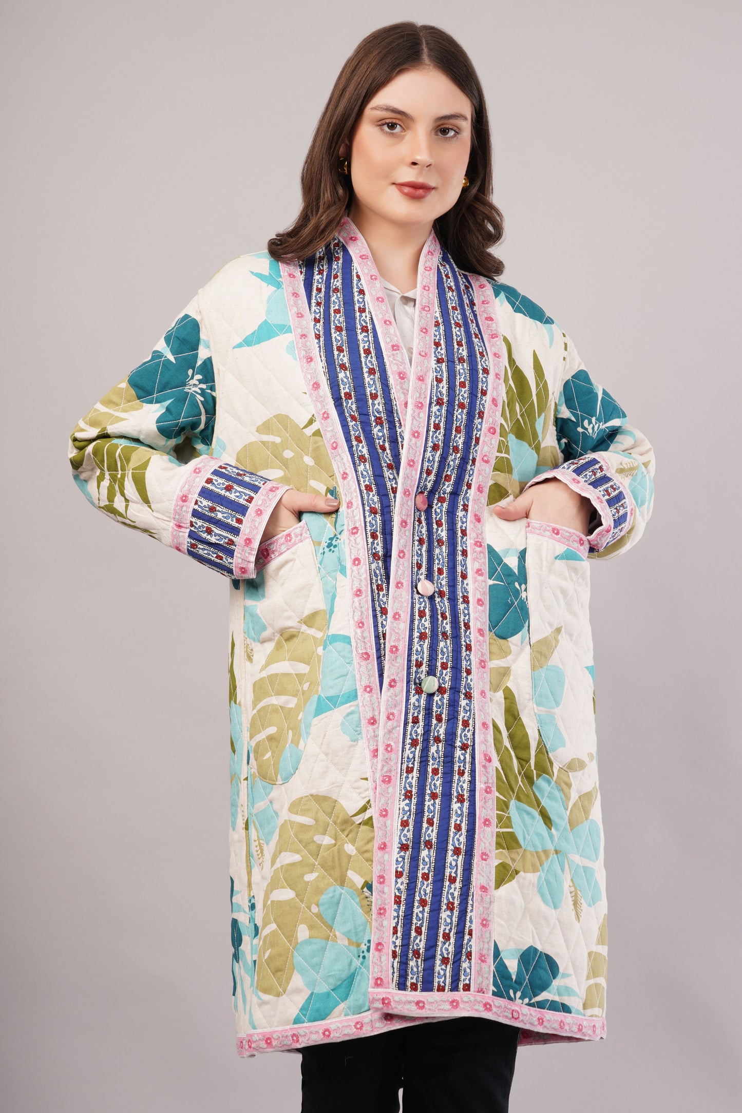 Reversible Quilted Cotton Coat – Pink Floral & White Botanical  Artisan Statement Outerwear