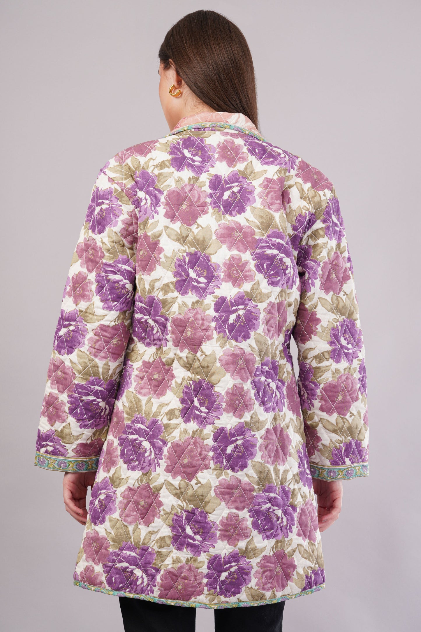 Purple & Pink Floral Quilted Reversible Jacket - Cotton Hand-Stitched Block Print Coat