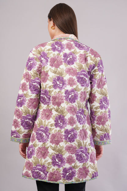 Purple & Pink Floral Quilted Reversible Jacket - Cotton Hand-Stitched Block Print Coat