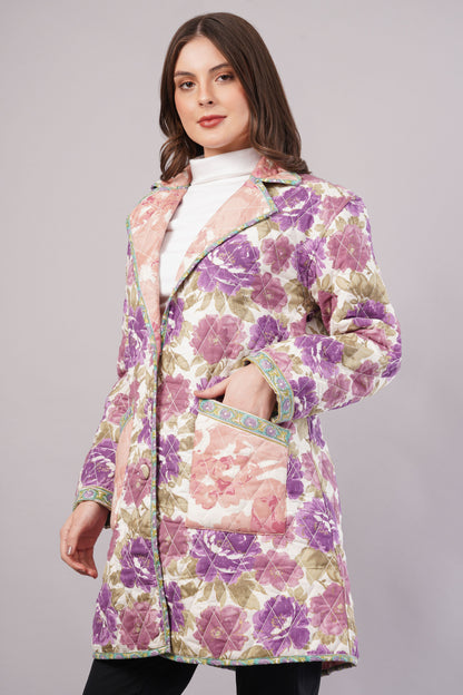 Purple & Pink Floral Quilted Reversible Jacket - Cotton Hand-Stitched Block Print Coat