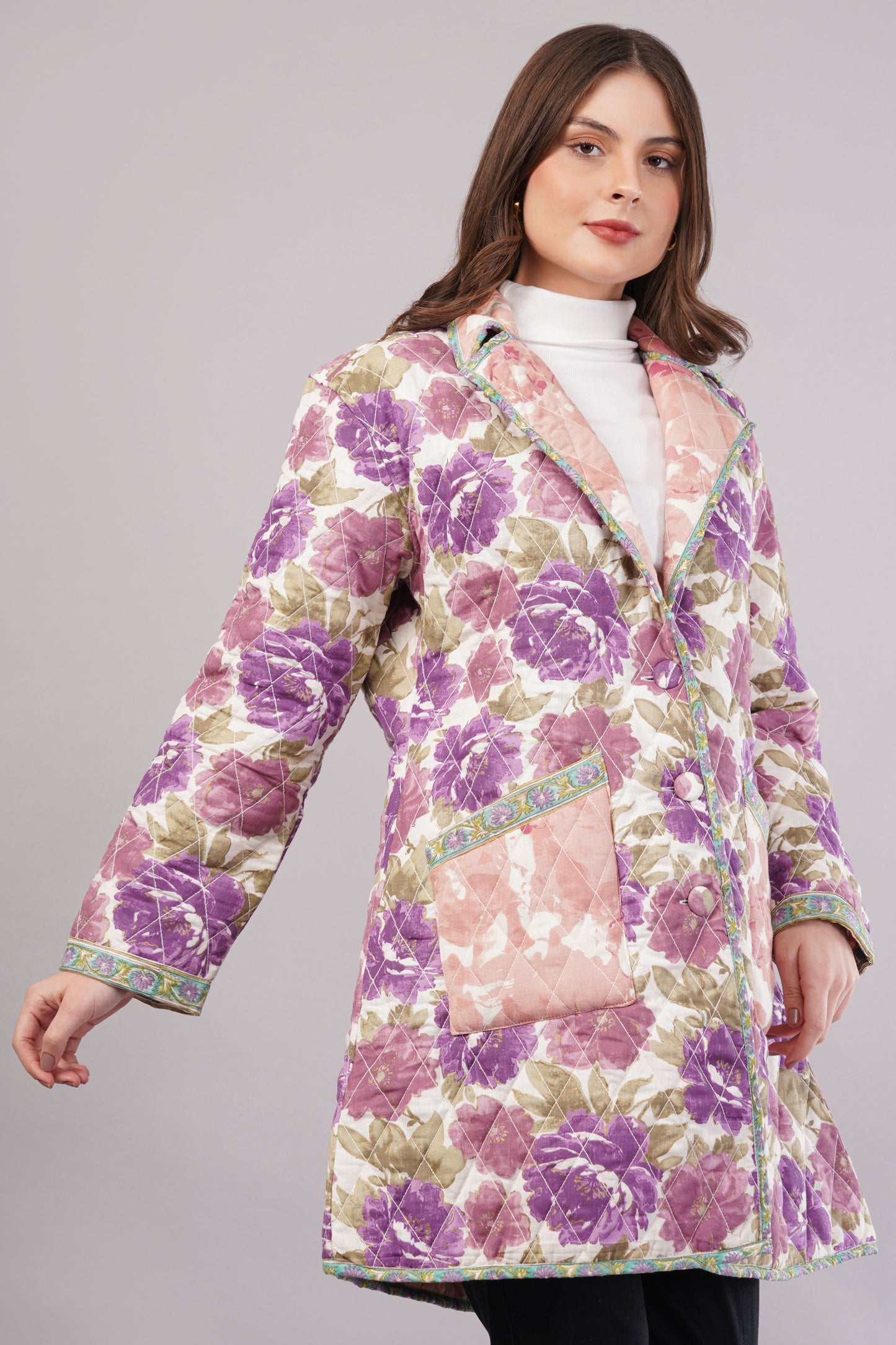 Purple & Pink Floral Quilted Reversible Jacket - Cotton Hand-Stitched Block Print Coat