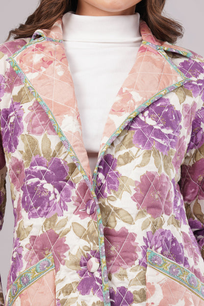 Purple & Pink Floral Quilted Reversible Jacket - Cotton Hand-Stitched Block Print Coat