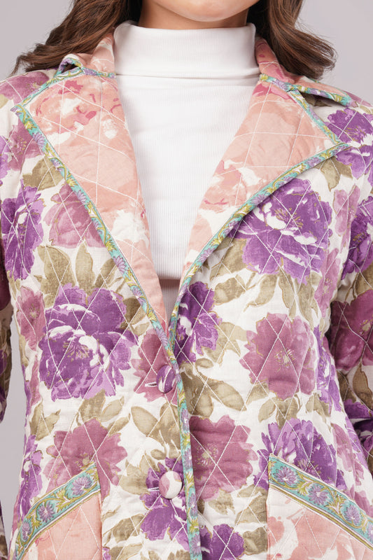 Purple & Pink Floral Quilted Reversible Jacket - Cotton Hand-Stitched Block Print Coat