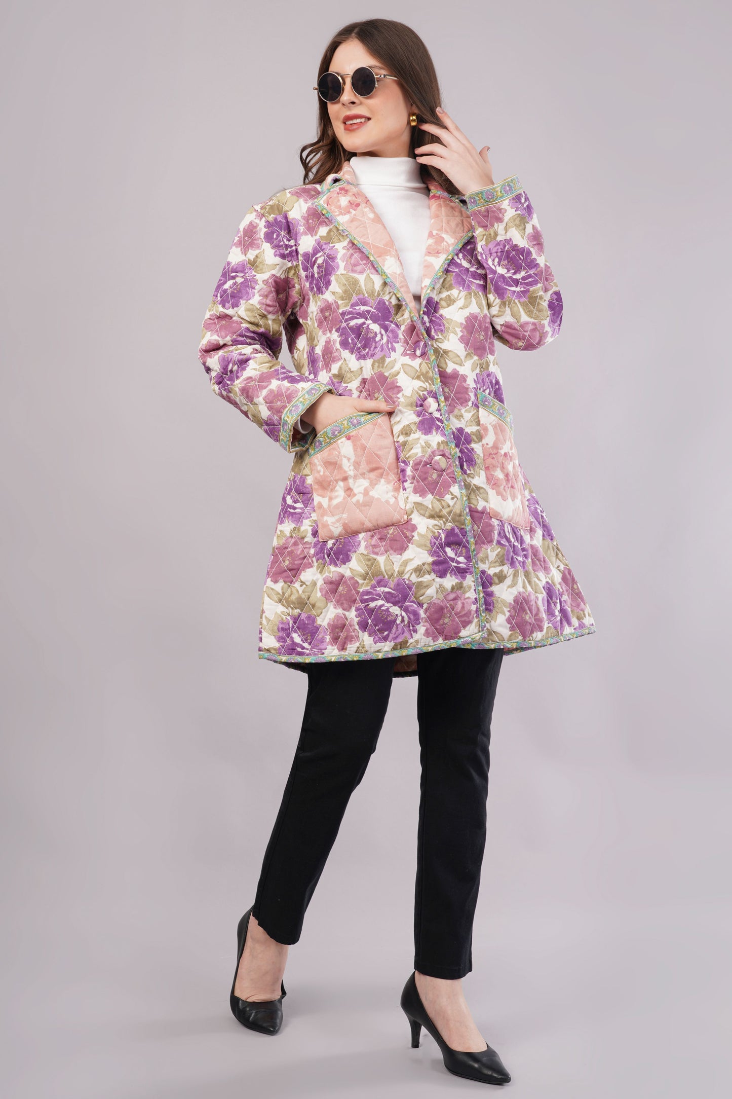 Purple & Pink Floral Quilted Reversible Jacket - Cotton Hand-Stitched Block Print Coat