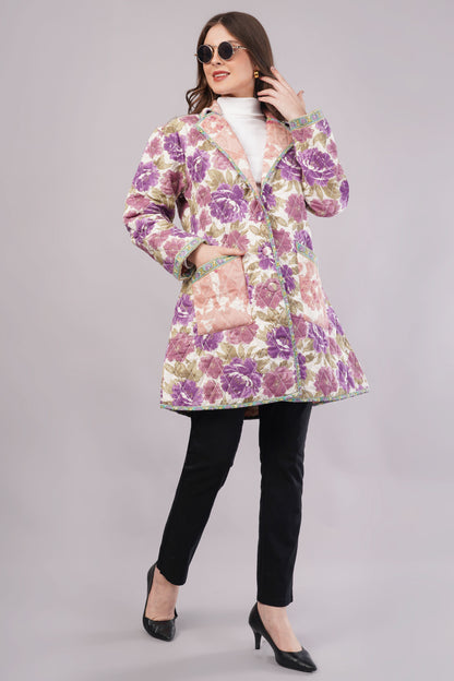 Purple & Pink Floral Quilted Reversible Jacket - Cotton Hand-Stitched Block Print Coat