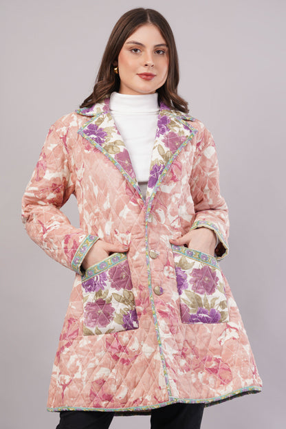 Purple & Pink Floral Quilted Reversible Jacket - Cotton Hand-Stitched Block Print Coat