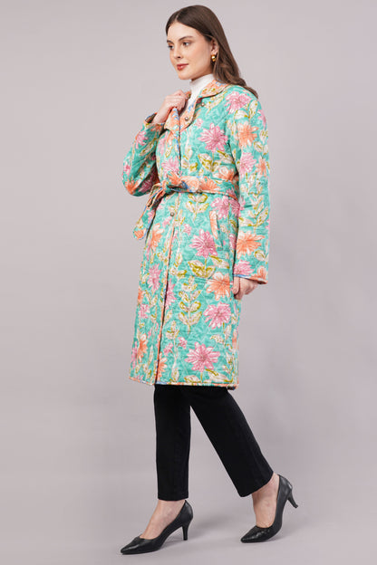 Reversible Blue Floral Quilted Jacket - Block Print Cotton Coat