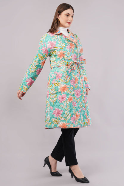 Reversible Blue Floral Quilted Jacket - Block Print Cotton Coat