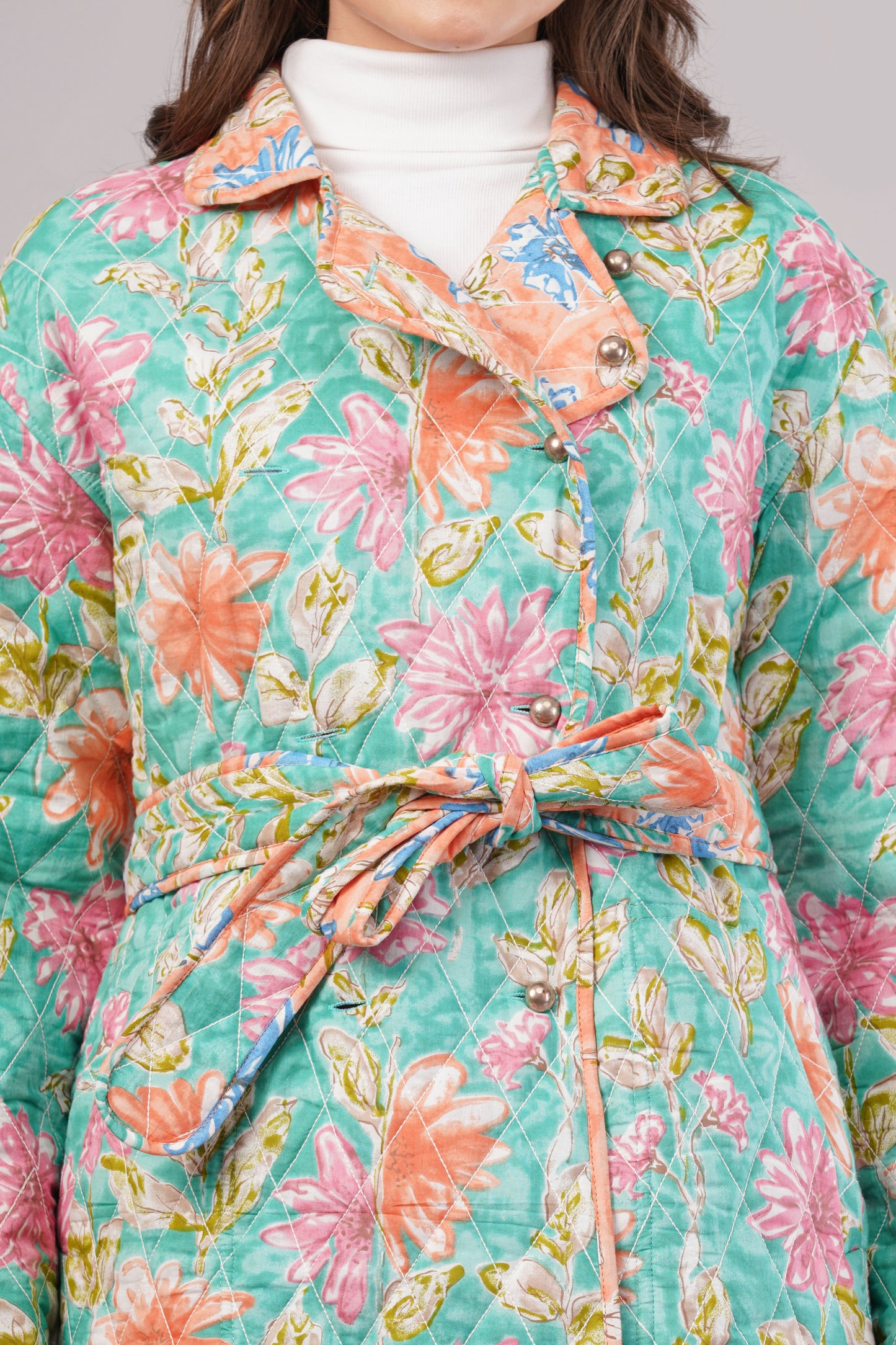 Reversible Blue Floral Quilted Jacket - Block Print Cotton Coat
