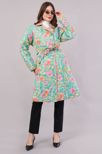 Reversible Blue Floral Quilted Jacket - Block Print Cotton Coat