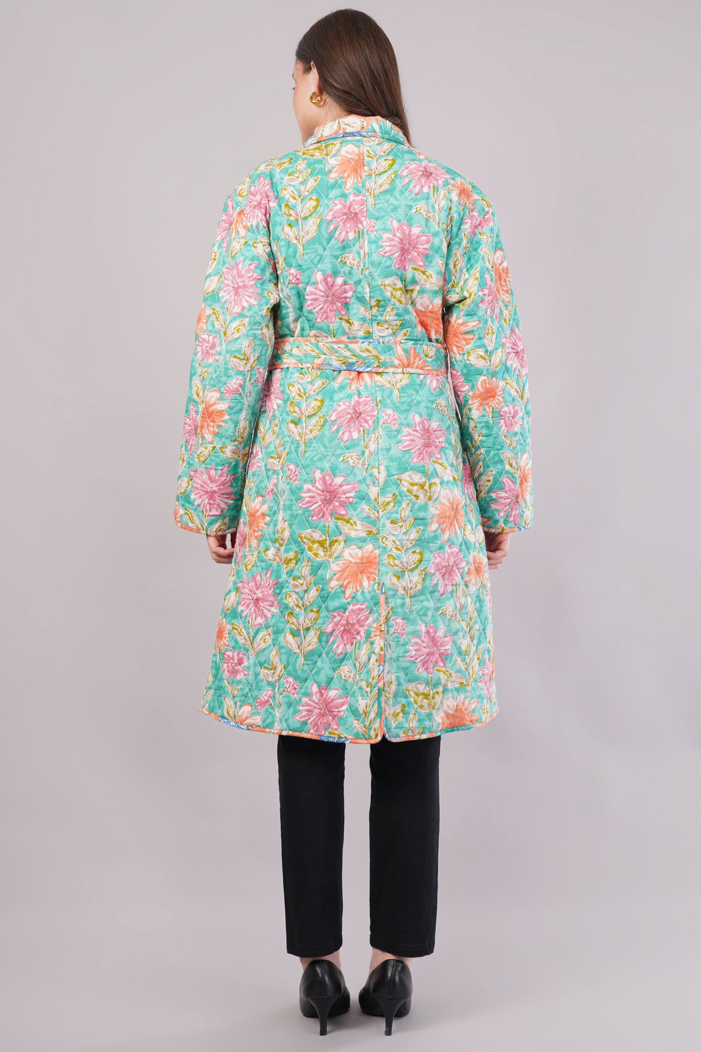 Reversible Blue Floral Quilted Jacket - Block Print Cotton Coat
