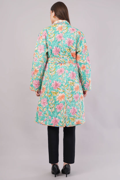 Reversible Blue Floral Quilted Jacket - Block Print Cotton Coat