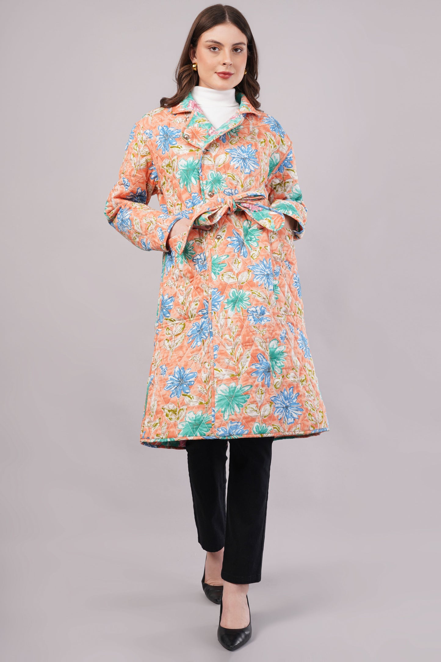 Reversible Blue Floral Quilted Jacket - Block Print Cotton Coat