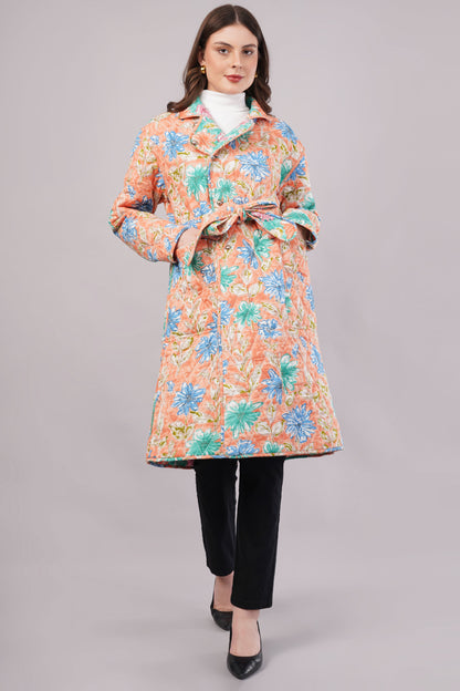 Reversible Blue Floral Quilted Jacket - Block Print Cotton Coat