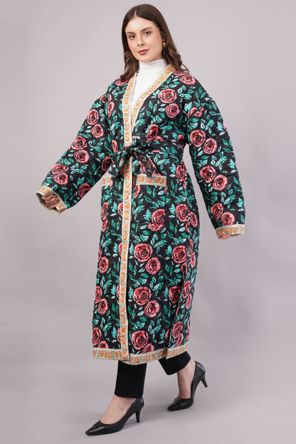 Reversible Quilted Floral Cotton Robe Coat – Black Rose & Vintage Bloom Artisan Winterwear