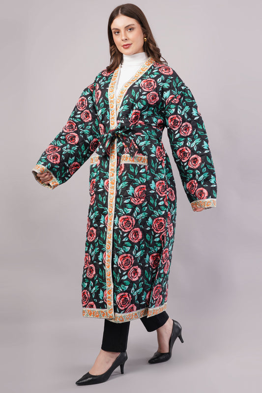 Reversible Quilted Floral Cotton Robe Coat – Black Rose & Vintage Bloom Artisan Winterwear