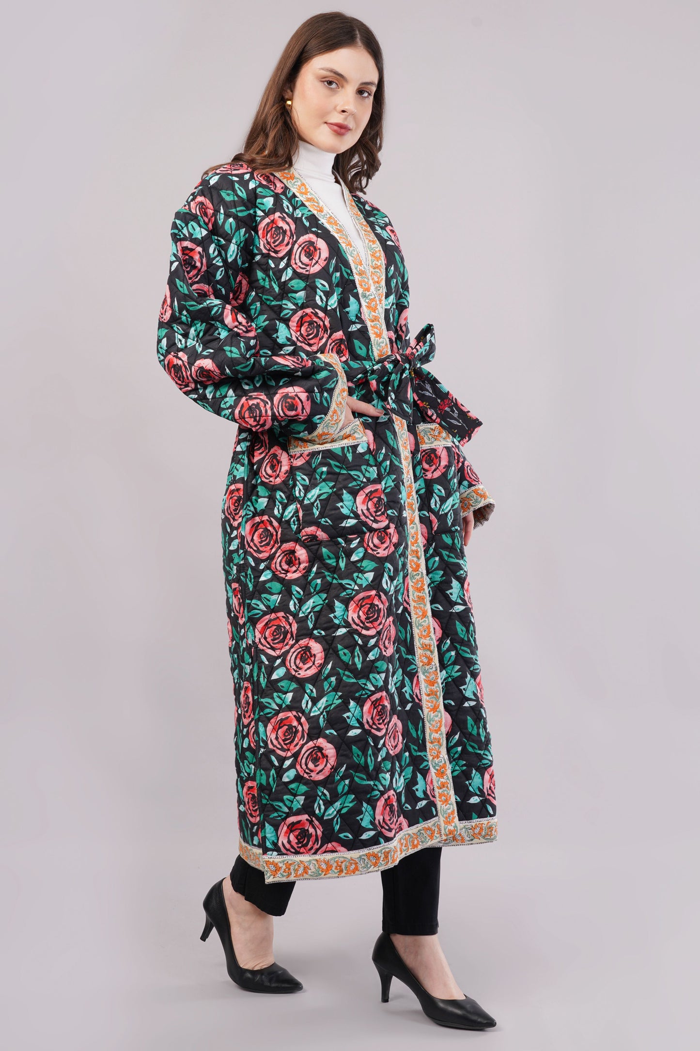 Reversible Quilted Floral Cotton Robe Coat – Black Rose & Vintage Bloom Artisan Winterwear