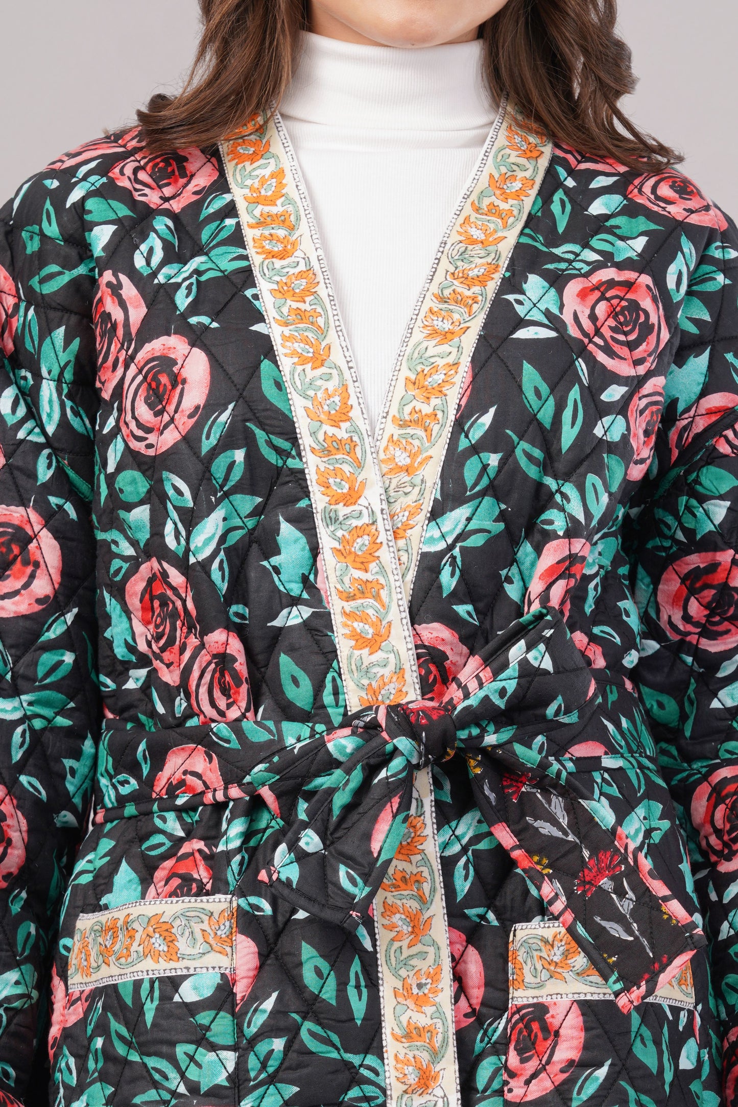Reversible Quilted Floral Cotton Robe Coat – Black Rose & Vintage Bloom Artisan Winterwear