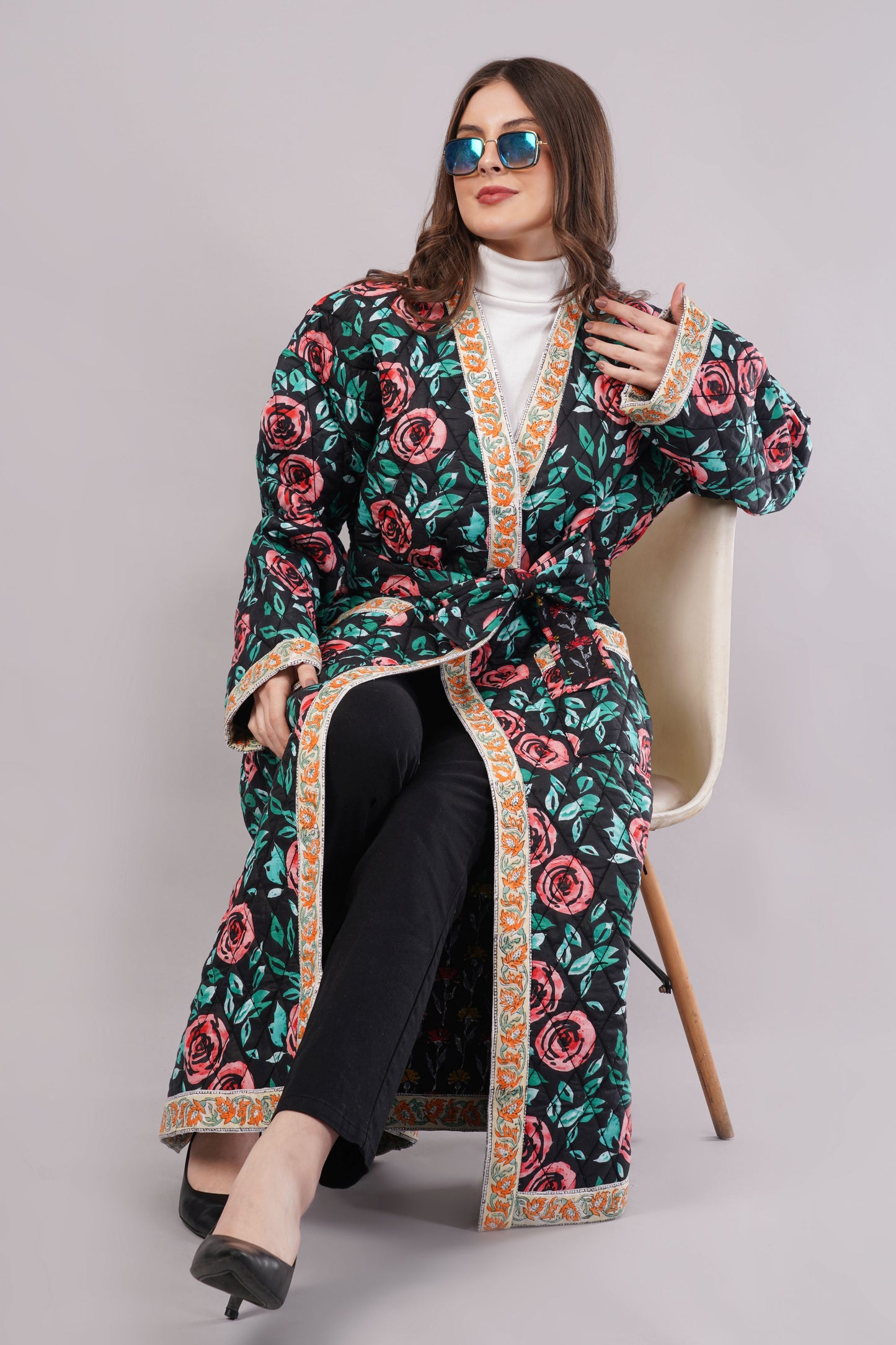 Reversible Quilted Floral Cotton Robe Coat – Black Rose & Vintage Bloom Artisan Winterwear