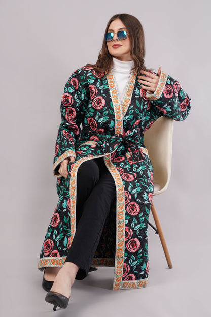 Reversible Quilted Floral Cotton Robe Coat – Black Rose & Vintage Bloom Artisan Winterwear