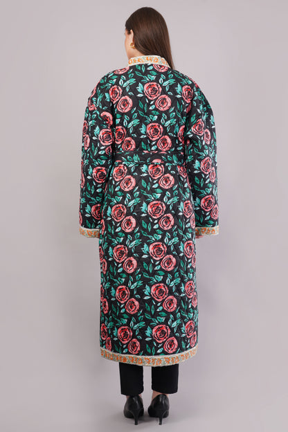 Reversible Quilted Floral Cotton Robe Coat – Black Rose & Vintage Bloom Artisan Winterwear