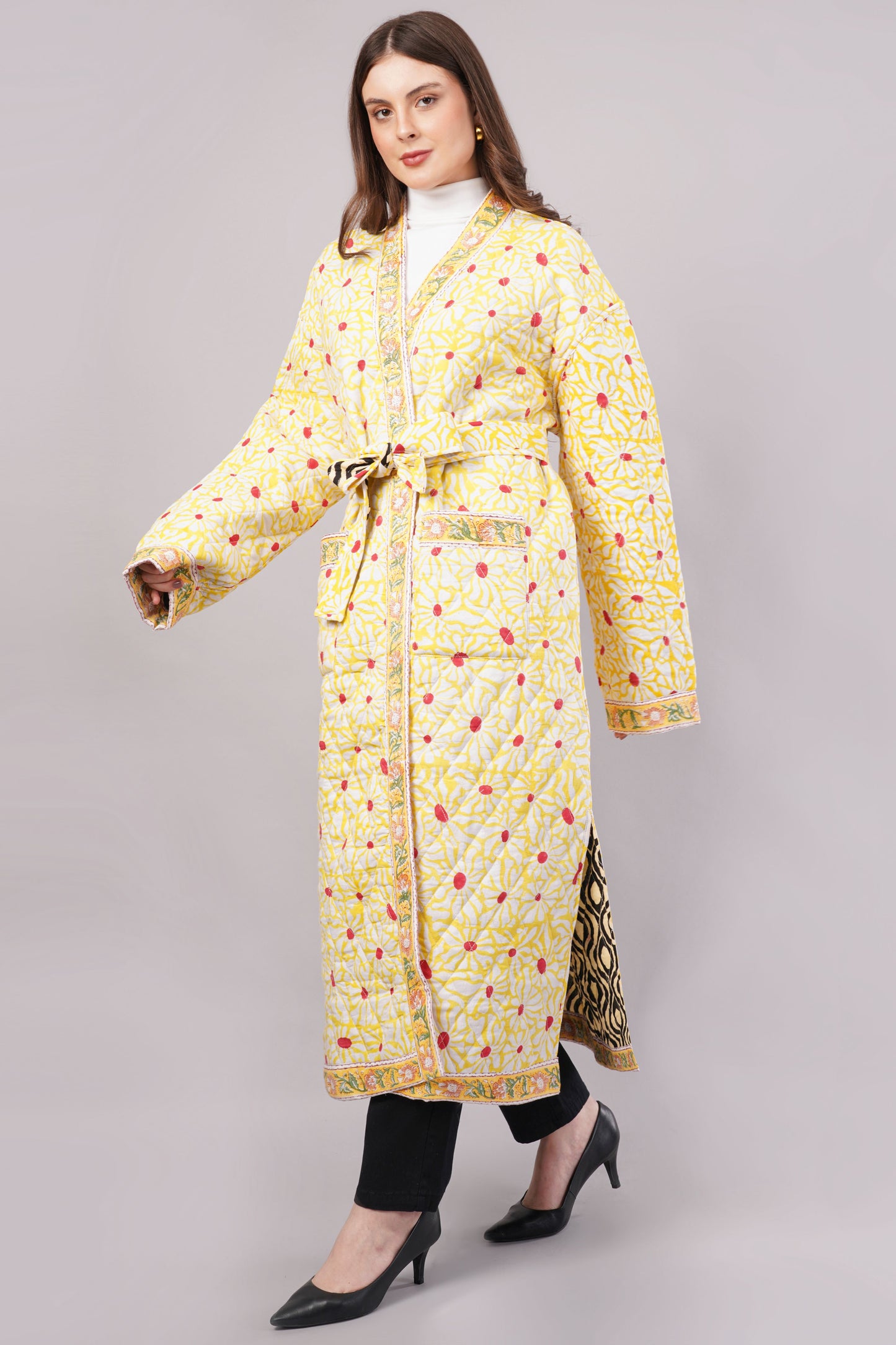 Reversible Quilted Yellow Cotton Robe – Floral & Geometric Belted Long Loungewear