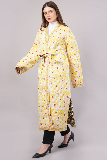 Reversible Quilted Yellow Cotton Robe – Floral & Geometric Belted Long Loungewear